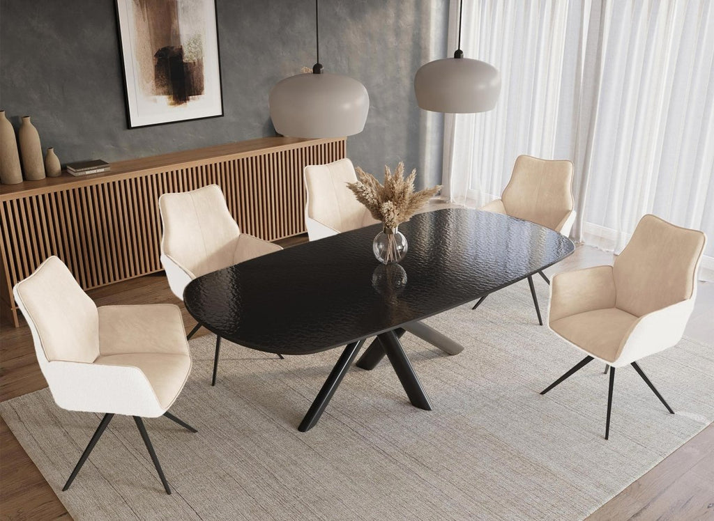 Chaise pivotante avec accoudoirs en velours et tissu bouclette beige ISALIE