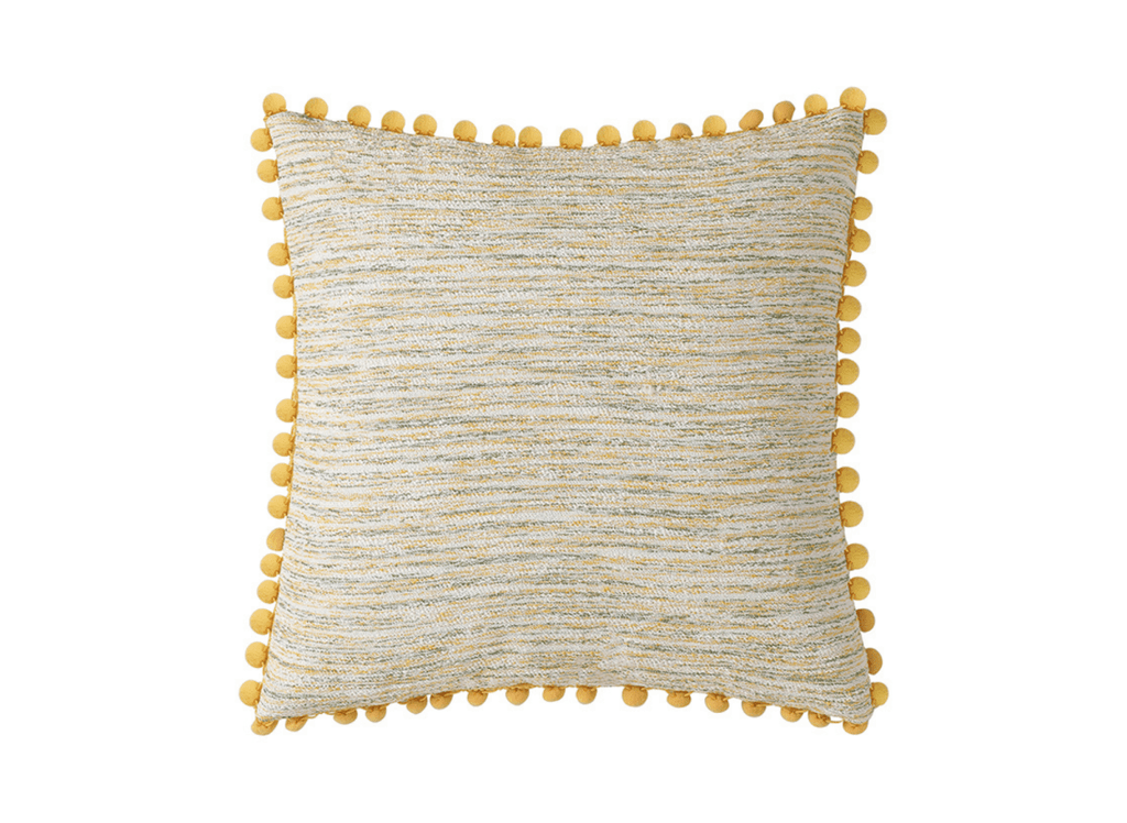 Coussin jaune et beige en tweed avec ponpons 45x45 cm POPINE