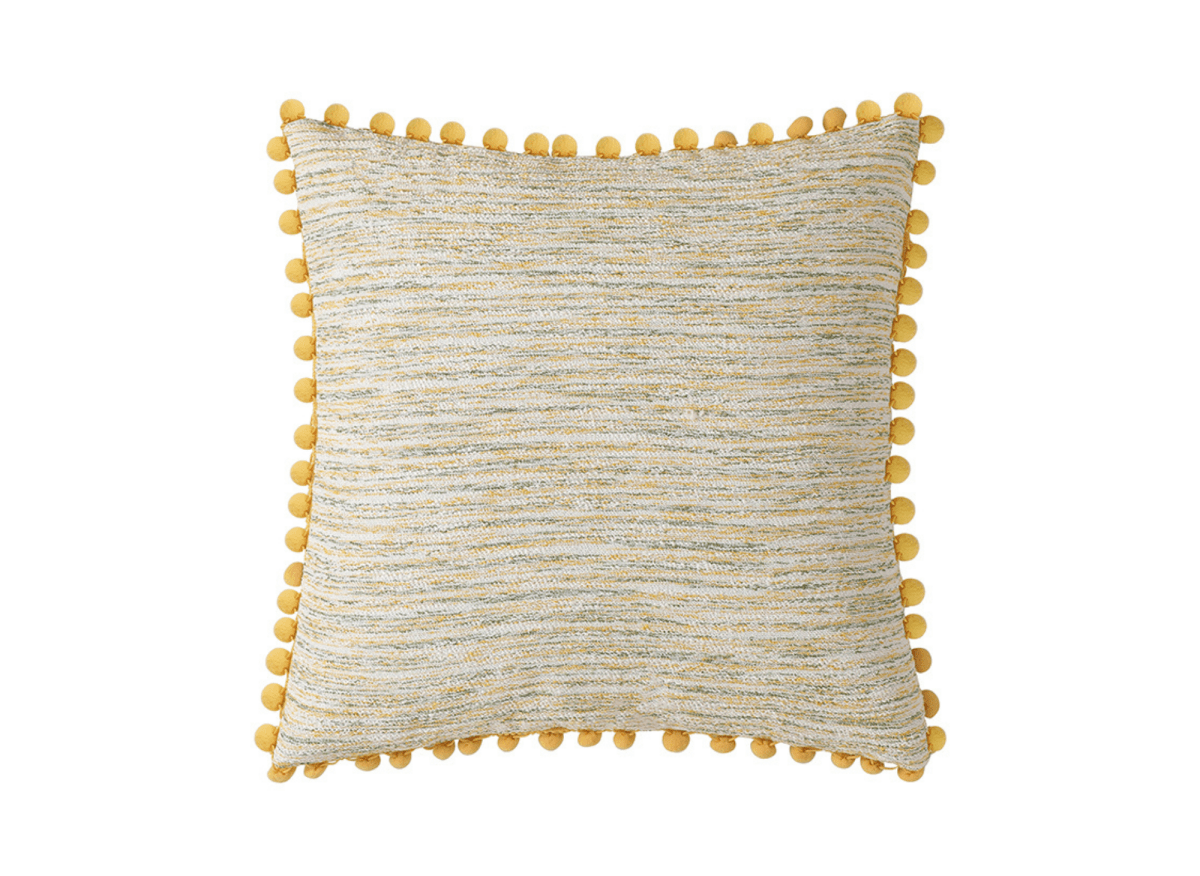 Coussin jaune et beige en tweed avec ponpons 45x45 cm POPINE