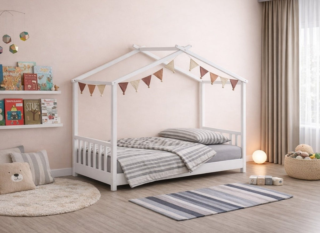 Lit cabane avec barreaux en bois blanc 90 x 190 cm NIDOU