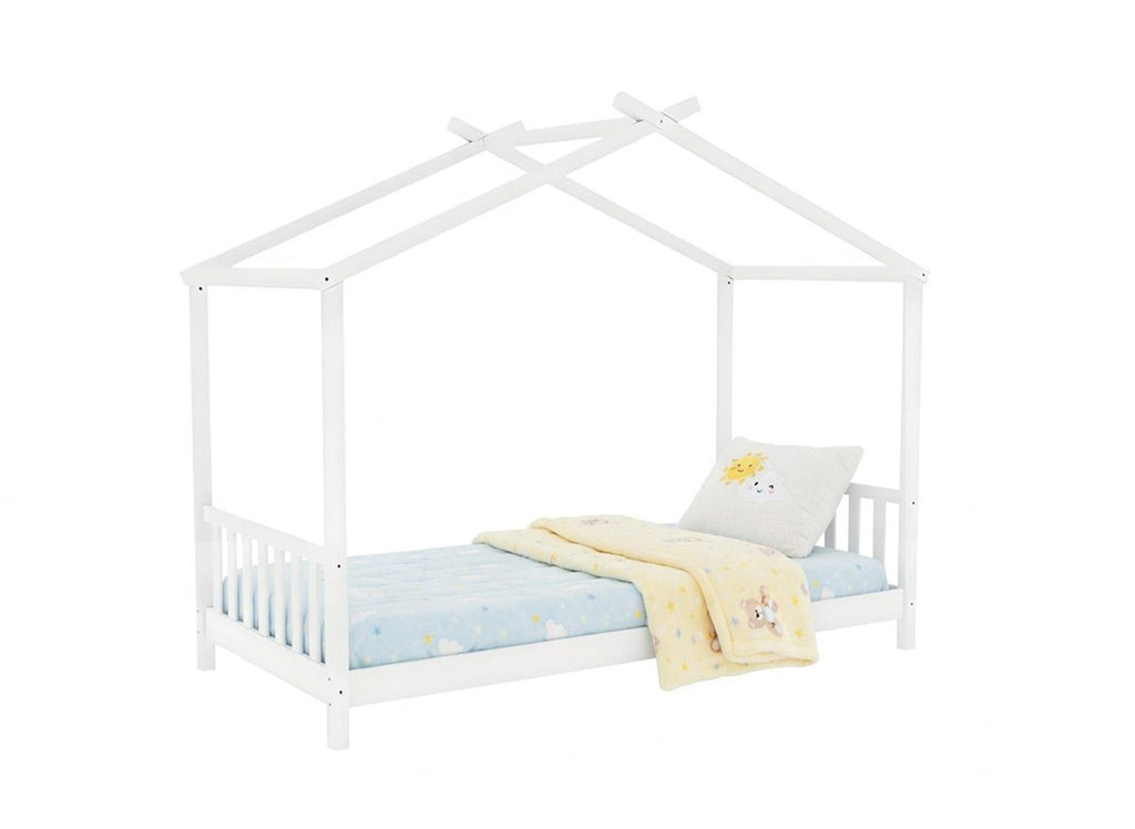 Lit cabane avec barreaux en bois blanc 90 x 190 cm NIDOU