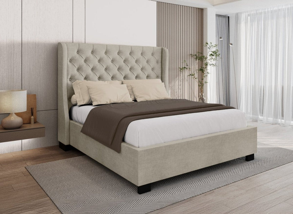 Lit coffre capitonné en tissu lin beige FLORINE 160 x 200 cm