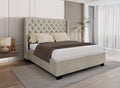 Lit coffre capitonné en tissu lin beige FLORINE 160 x 200 cm