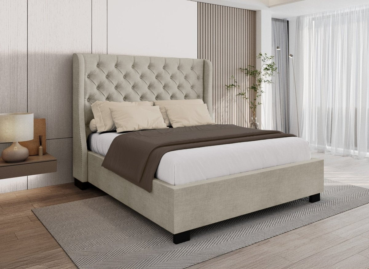 Lit coffre capitonné en tissu lin beige FLORINE 160 x 200 cm
