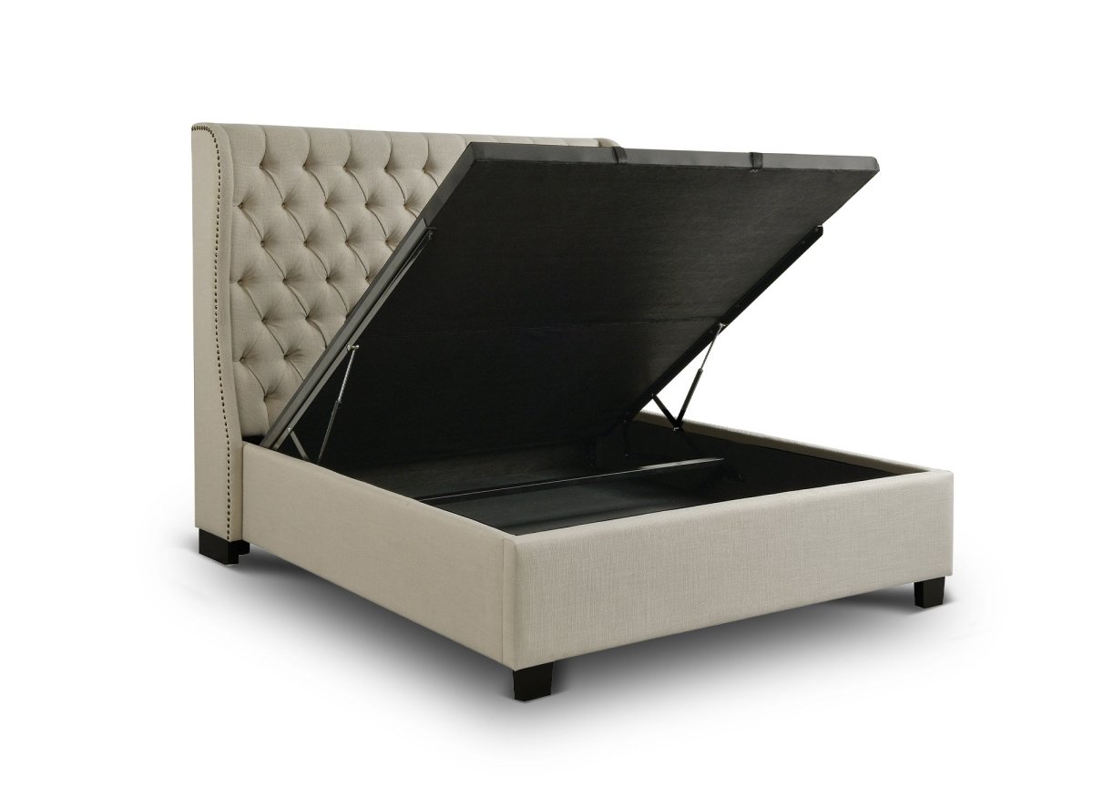 Lit coffre capitonné en tissu lin beige FLORINE 160 x 200 cm