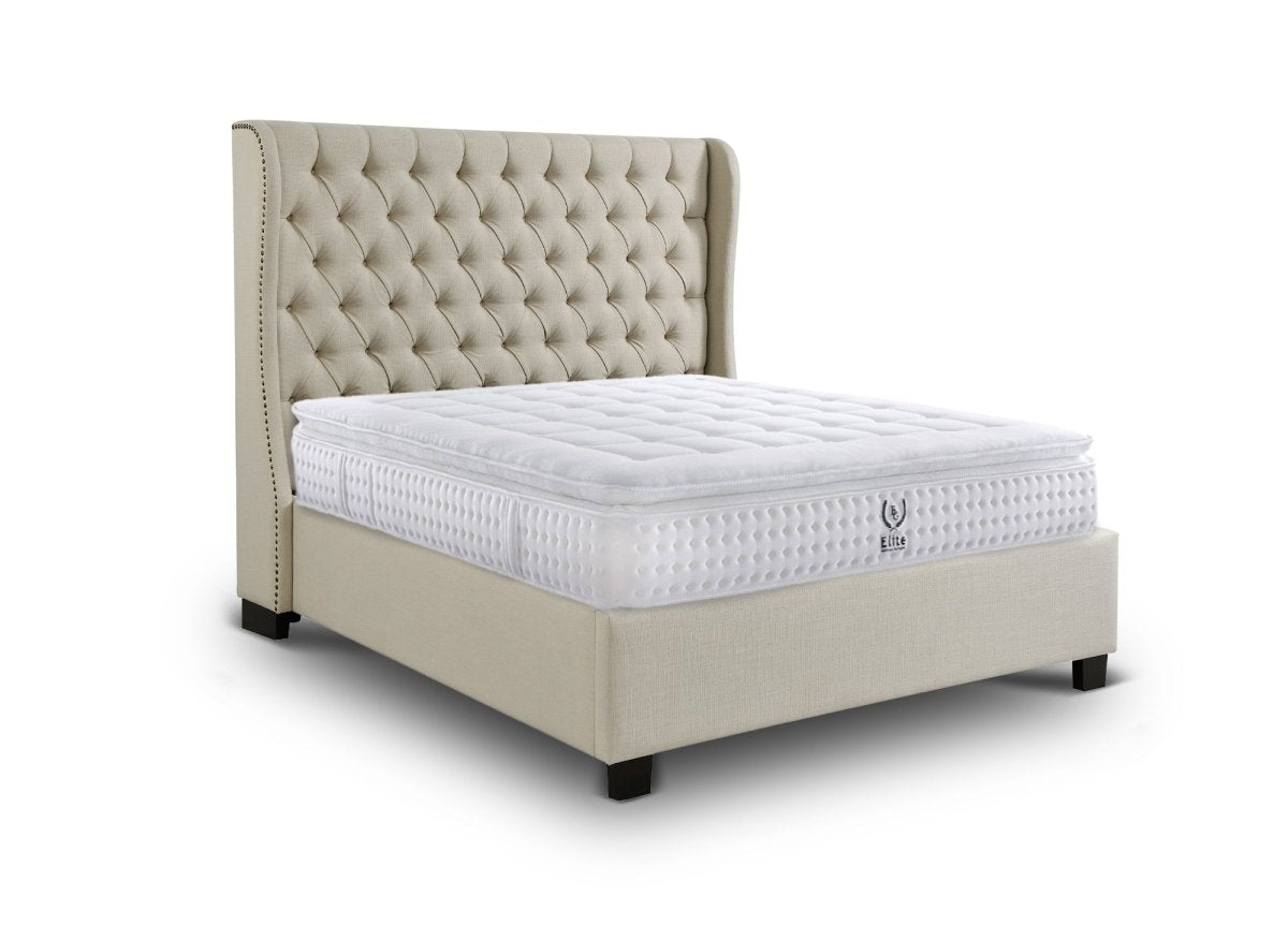 Lit coffre capitonné en tissu lin beige FLORINE 160 x 200 cm