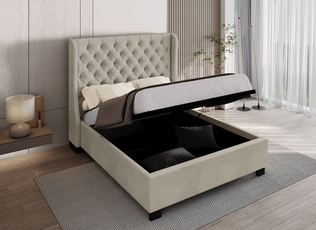 Lit coffre capitonné en tissu lin beige FLORINE 160 x 200 cm