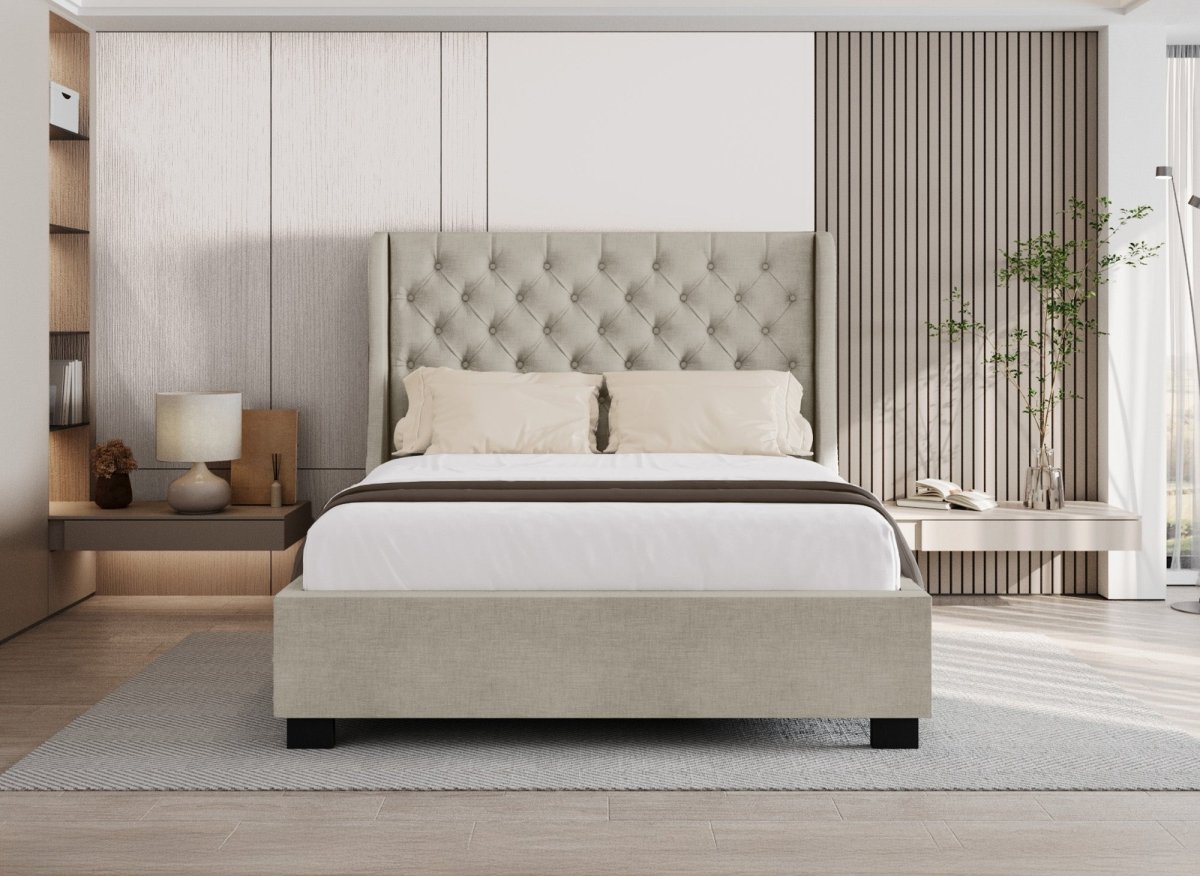 Lit coffre capitonné en tissu lin beige FLORINE 160 x 200 cm