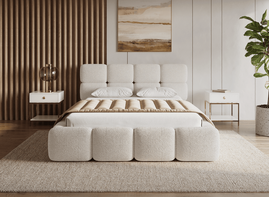 Lit coffre en tissu bouclette beige 140x190 cm BUBBLE