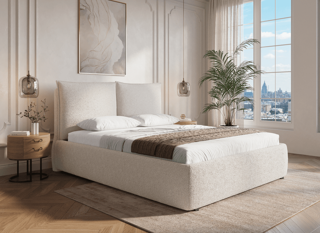 Lit coffre en tissu bouclette beige 140x190 cm MELY