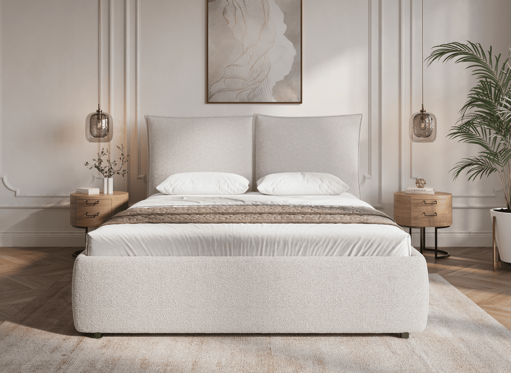 Lit coffre en tissu bouclette beige 140x190 cm MELY