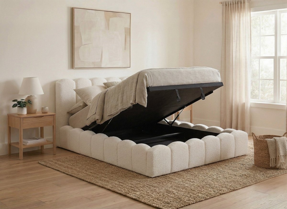Lit coffre en tissu bouclette beige 140x190 cm RITA
