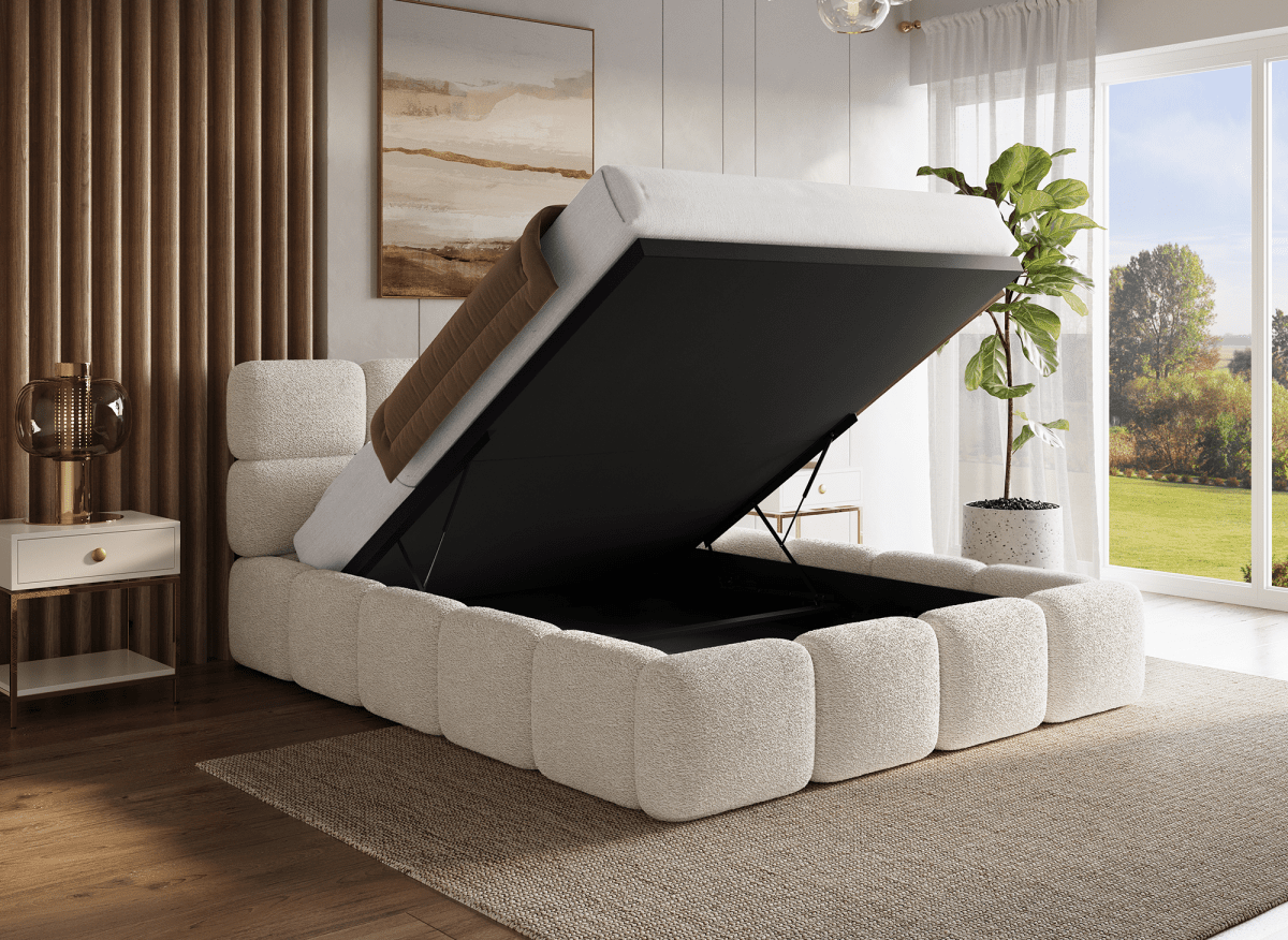 Lit coffre en tissu bouclette beige 160x200 cm BUBBLE