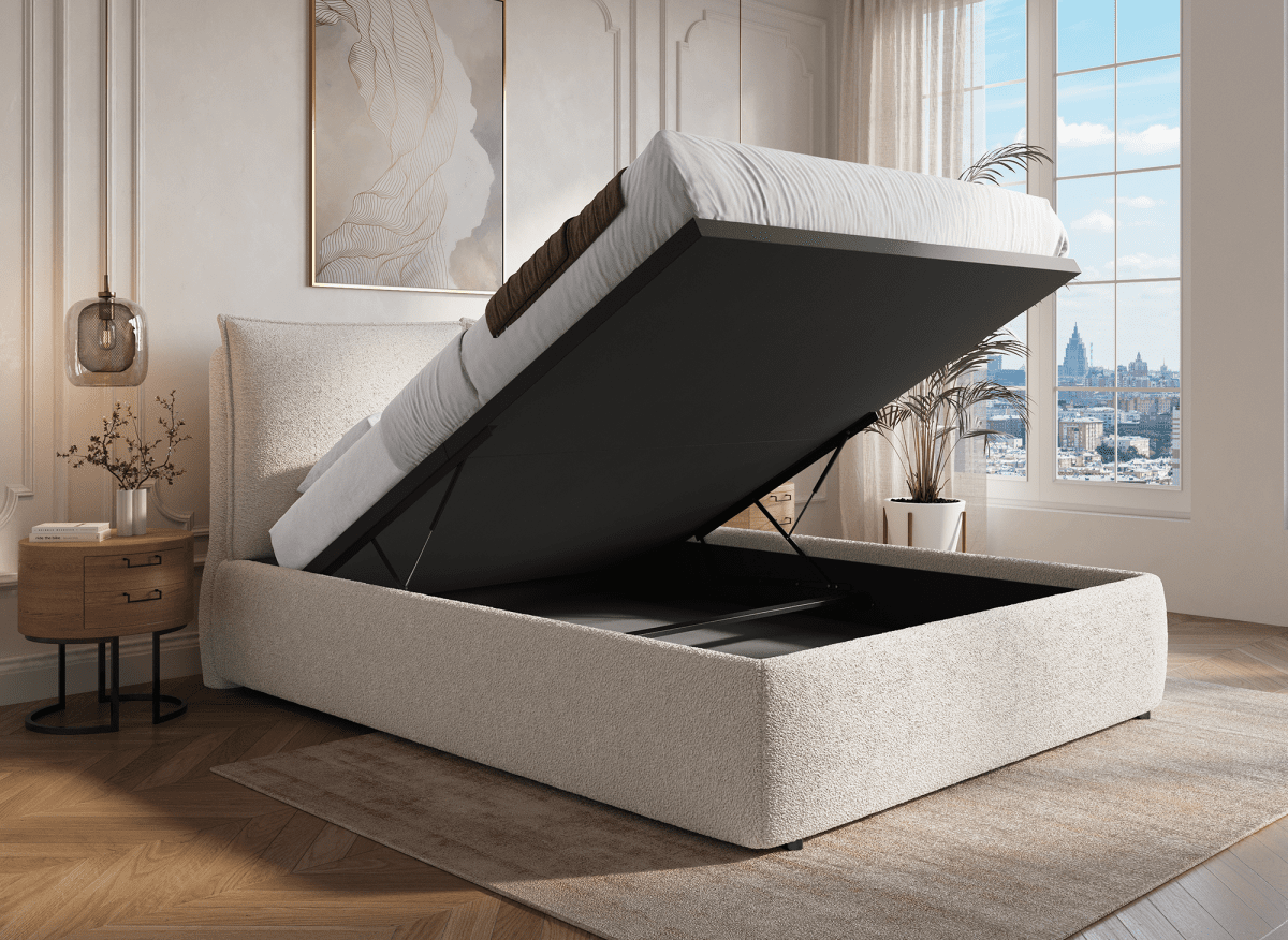Lit coffre en tissu bouclette beige 160x200 cm MELY