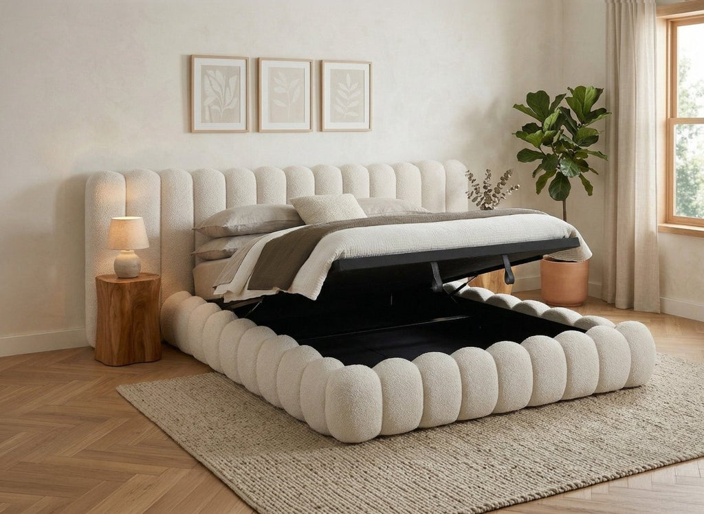 Lit coffre en tissu bouclette beige 180x200 cm GRETA