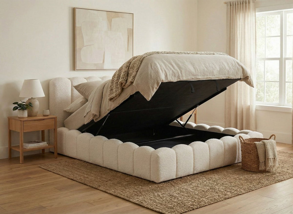 Lit coffre en tissu bouclette beige 180x200 cm RITA