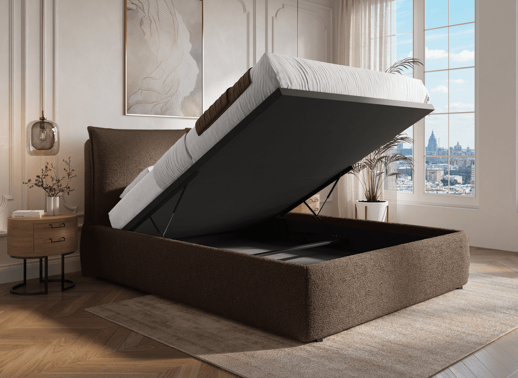 Lit coffre en tissu bouclette marron 160x200 cm MELY