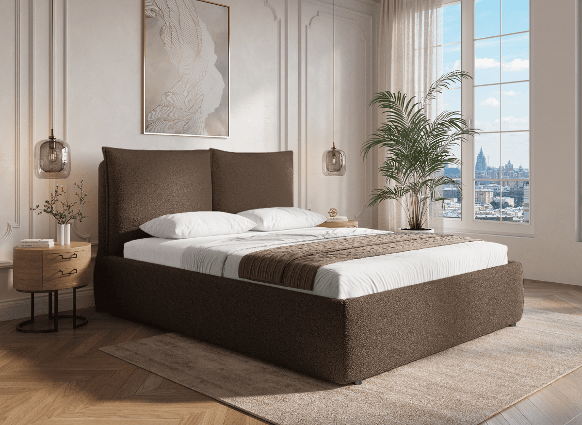 Lit coffre en tissu bouclette marron 180x200 cm MELY