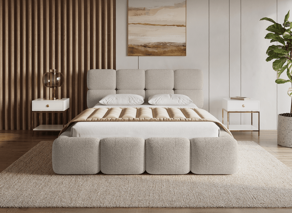 Lit coffre en tissu bouclette taupe 160x200 cm BUBBLE