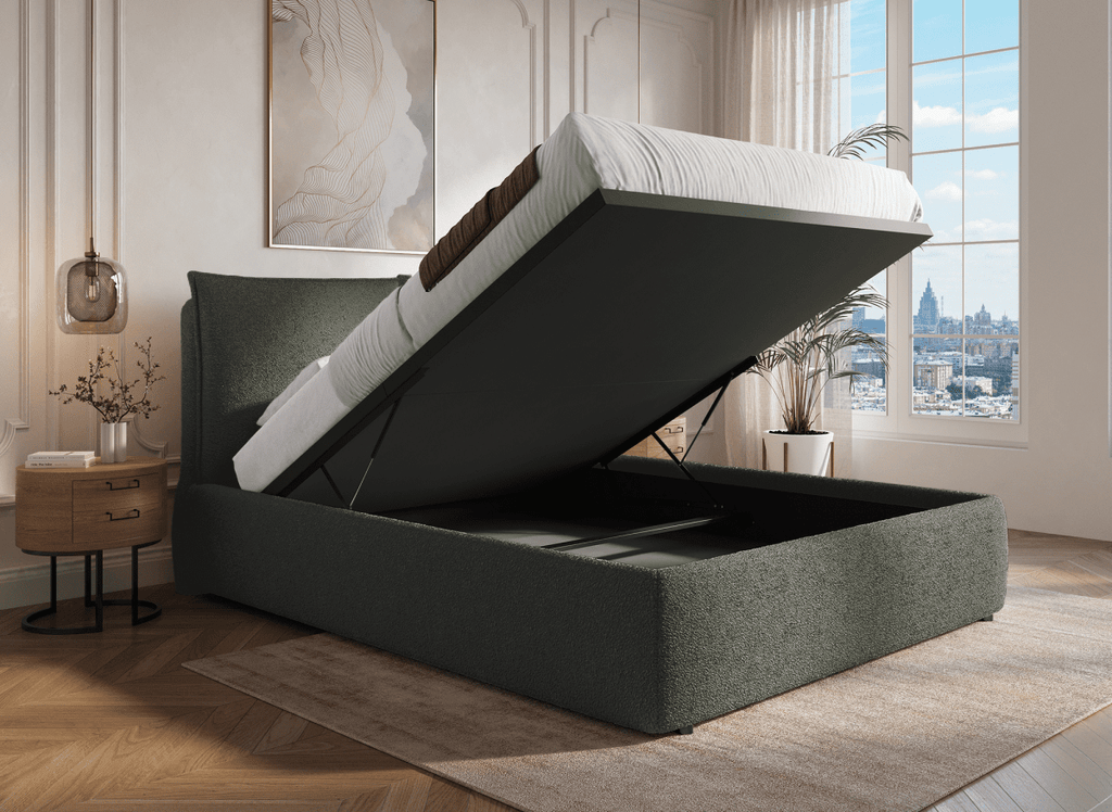 Lit coffre en tissu bouclette vert olive 140x190 cm MELY