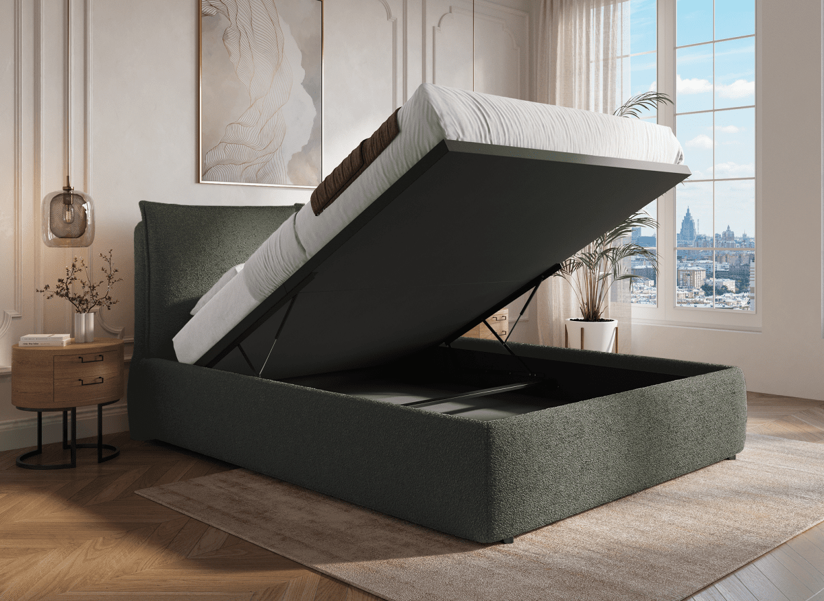Lit coffre en tissu bouclette vert olive 140x190 cm MELY