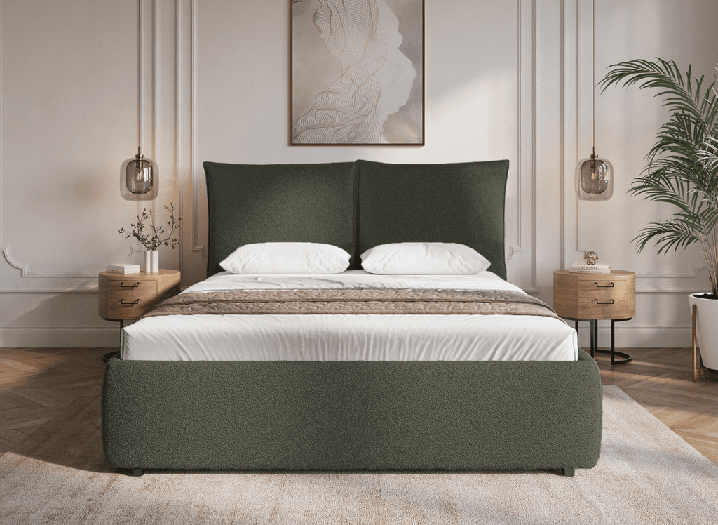 Lit coffre en tissu bouclette vert olive 140x190 cm MELY