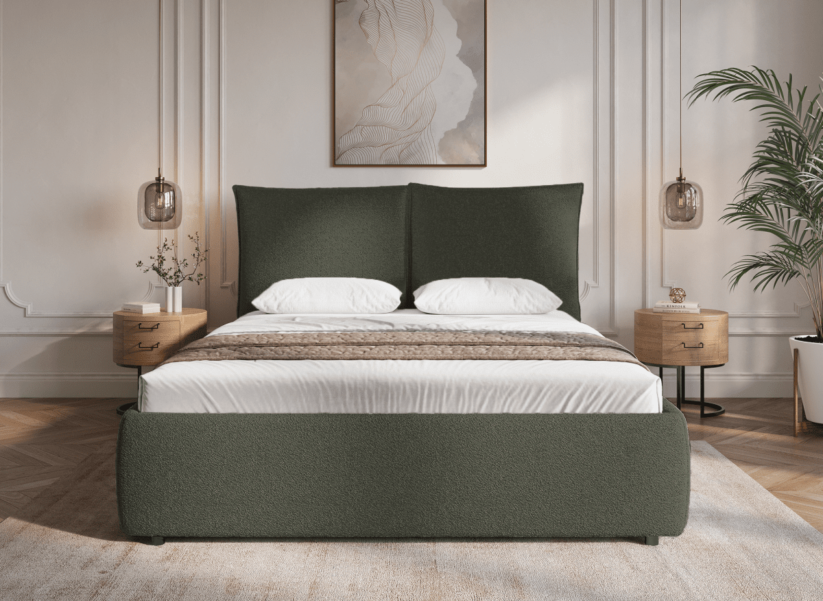 Lit coffre en tissu bouclette vert olive 140x190 cm MELY