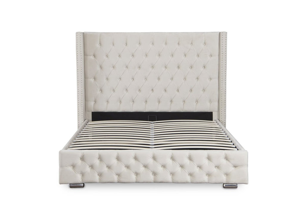Lit coffre en velours beige 180x200 cm MAXI