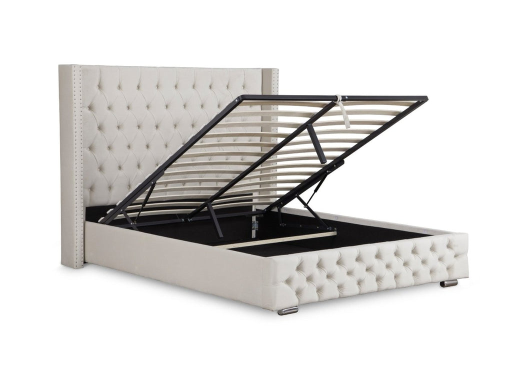 Lit coffre en velours beige 180x200 cm MAXI