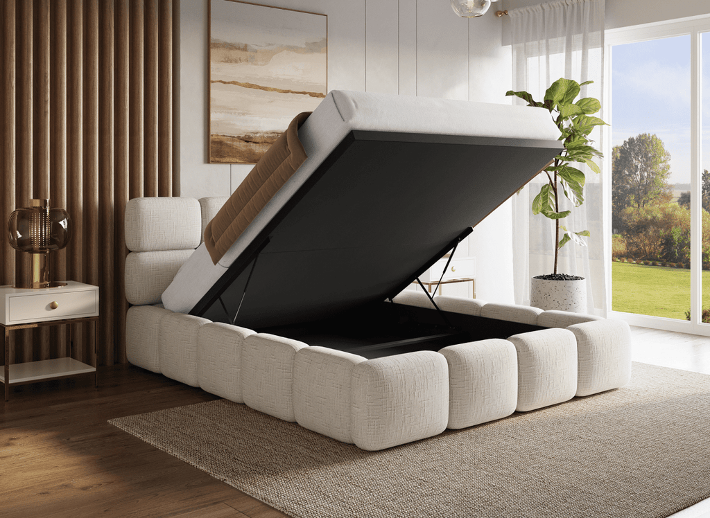 Lit coffre en velours chiné beige 140x190 cm BUBBLE