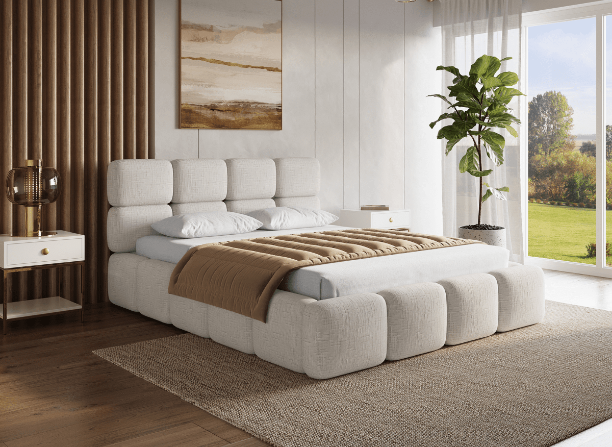 Lit coffre en velours chiné beige 160x200 cm BUBBLE