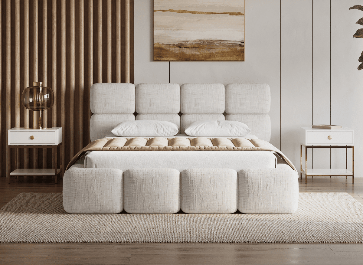 Lit coffre en velours chiné beige 160x200 cm BUBBLE