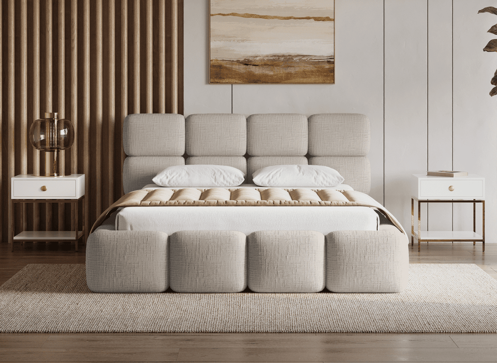 Lit coffre en velours chiné taupe 140x190 cm BUBBLE