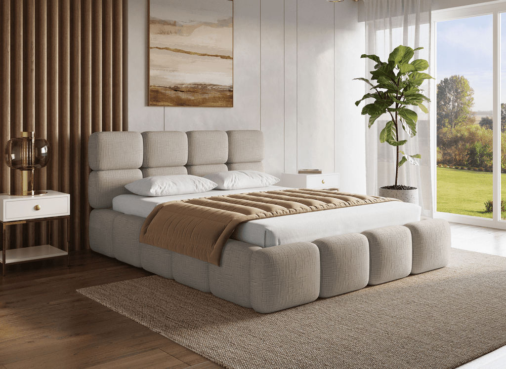 Lit coffre en velours chiné taupe 140x190 cm BUBBLE