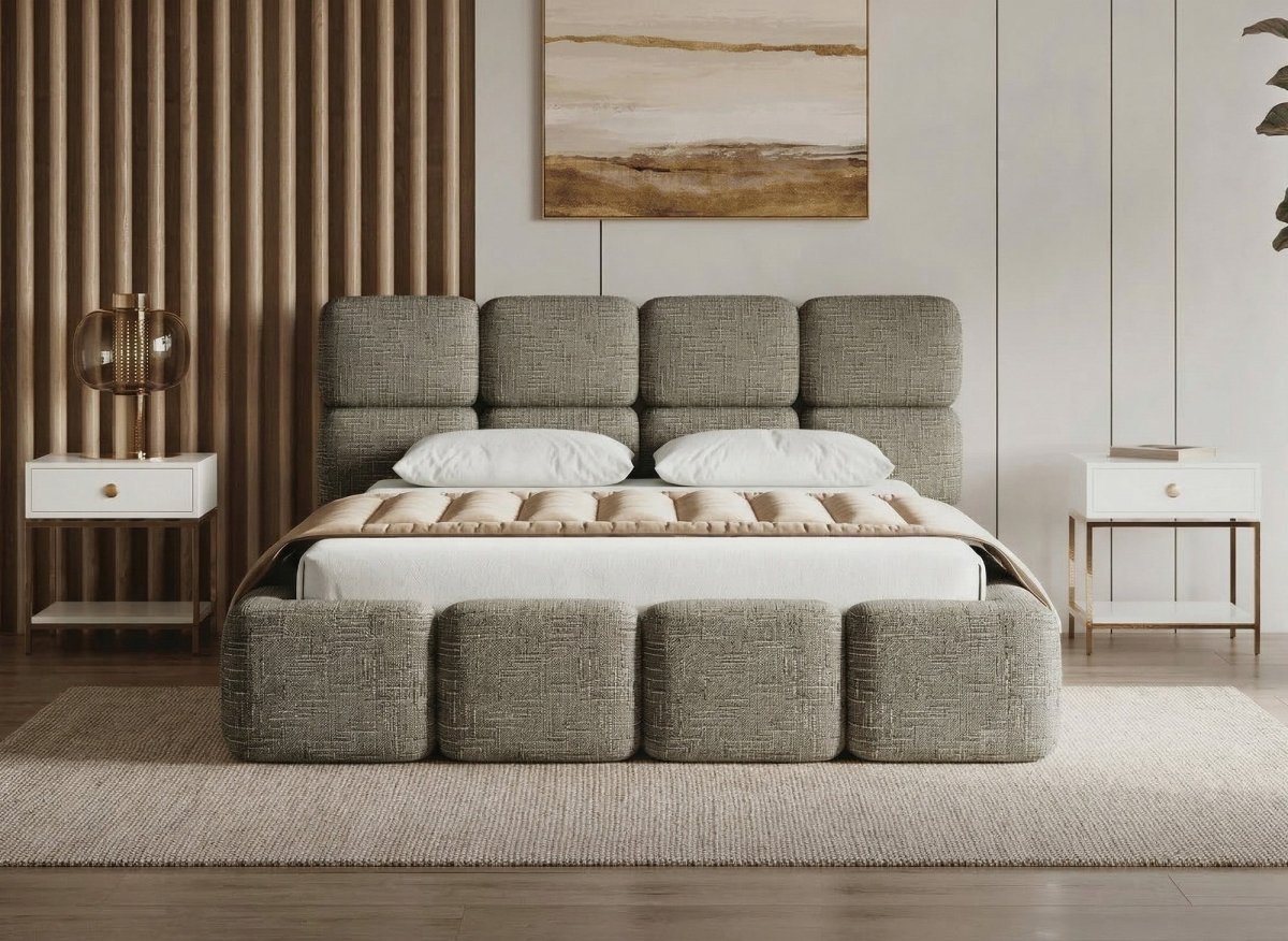 Lit coffre en velours chiné vert olive 140x190 cm BUBBLE