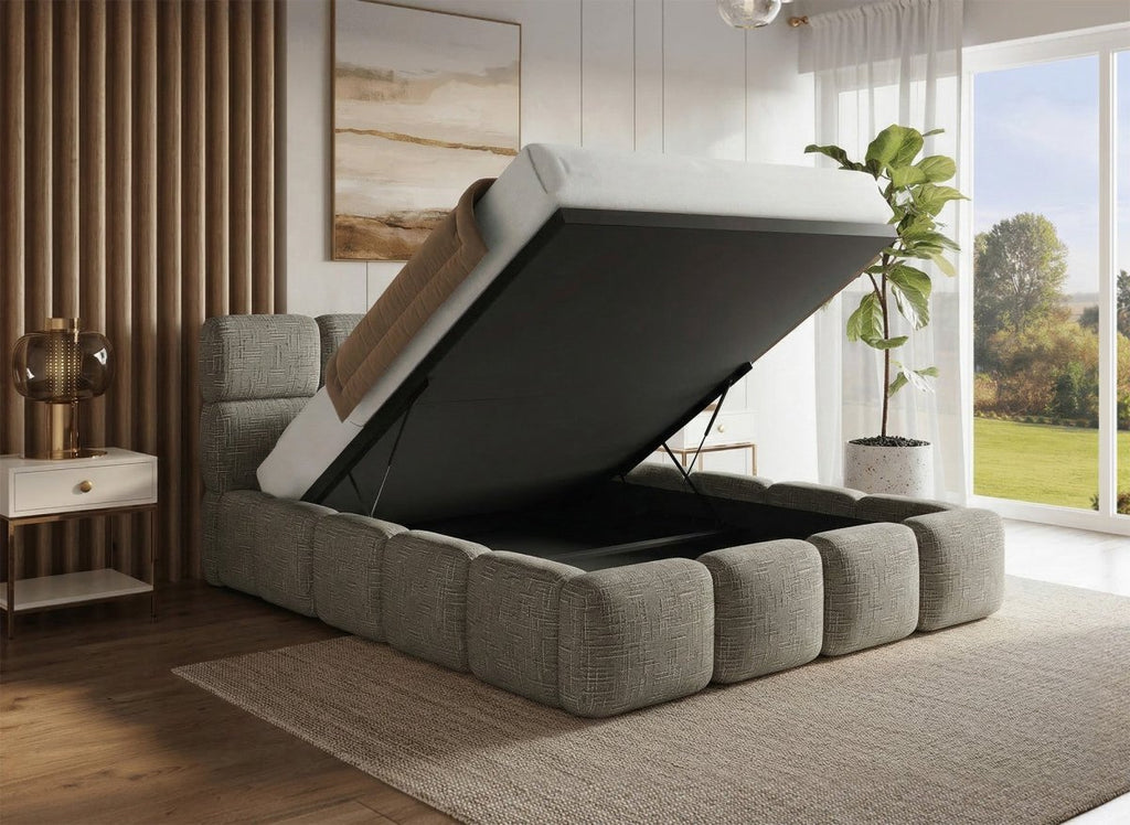 Lit coffre en velours chiné vert olive 140x190 cm BUBBLE