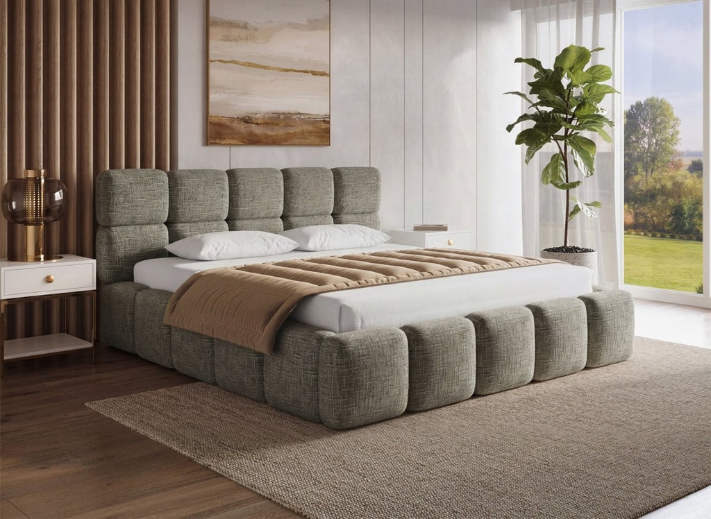 Lit coffre en velours chiné vert olive 180x200 cm BUBBLE
