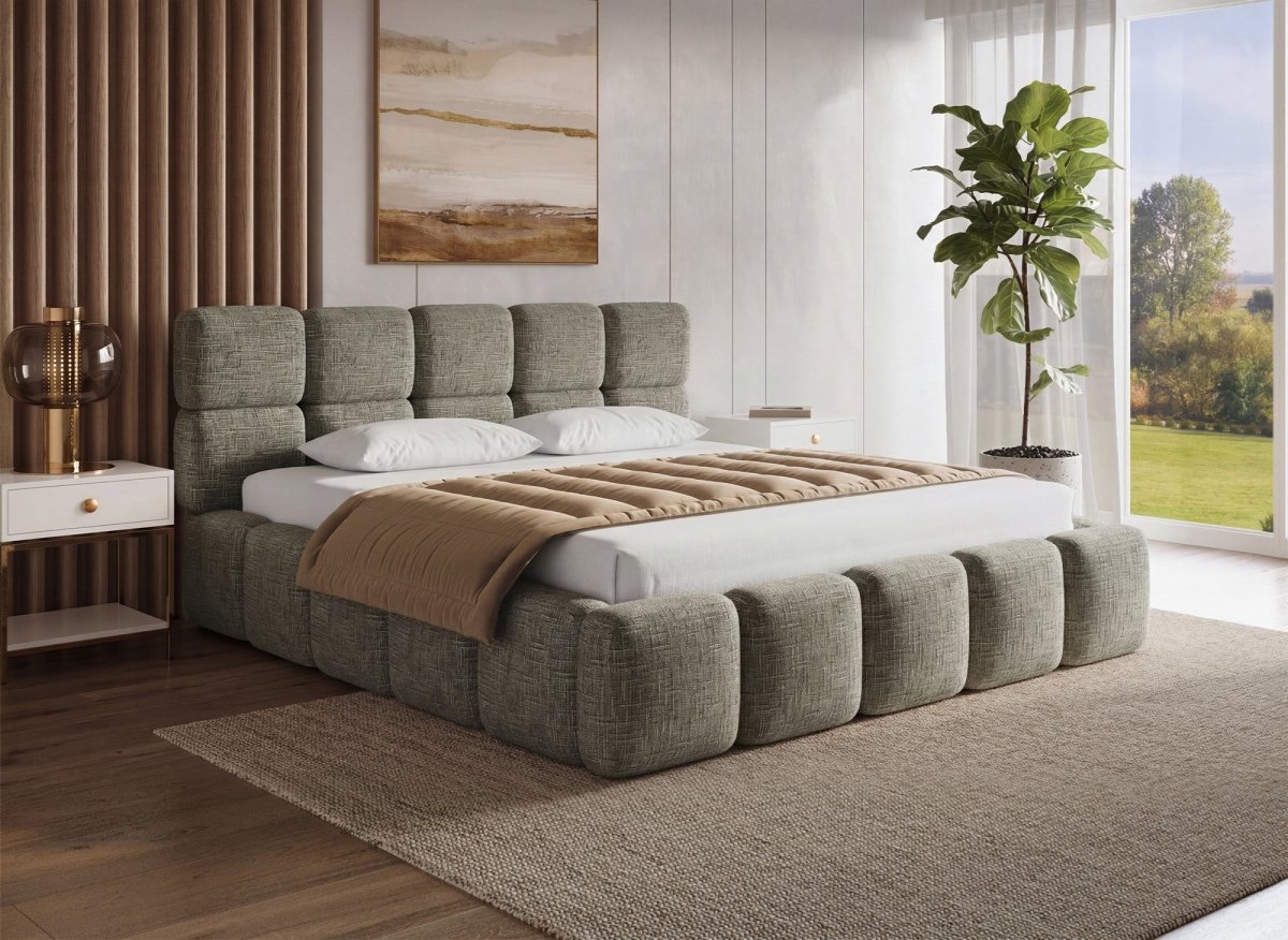 Lit coffre en velours chiné vert olive 180x200 cm BUBBLE