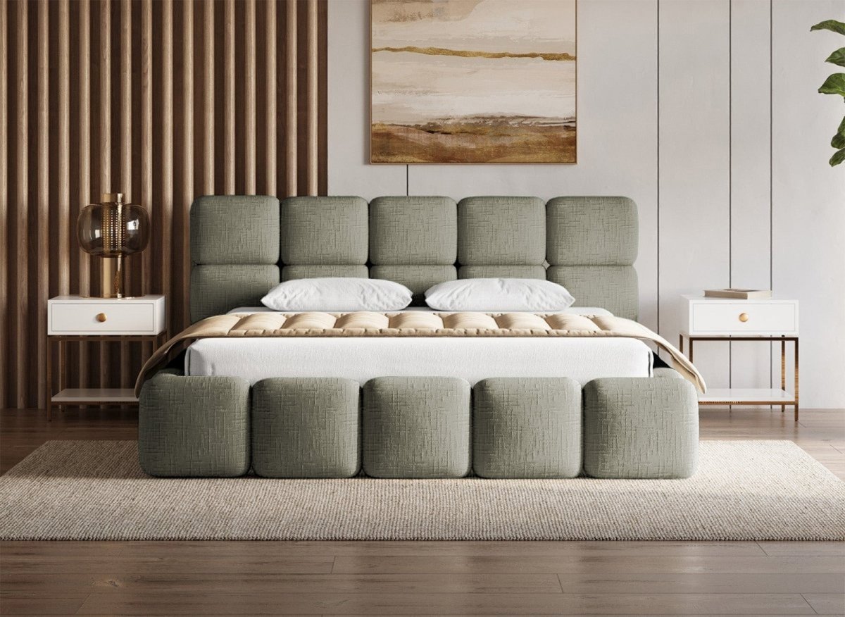 Lit coffre en velours chiné vert olive 180x200 cm BUBBLE