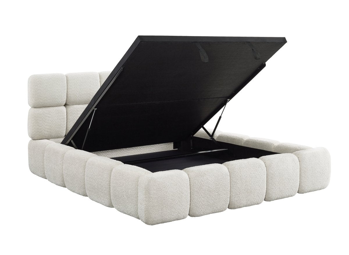 Lit coffre tissu bouclette beige 180x200 cm BUBBLE