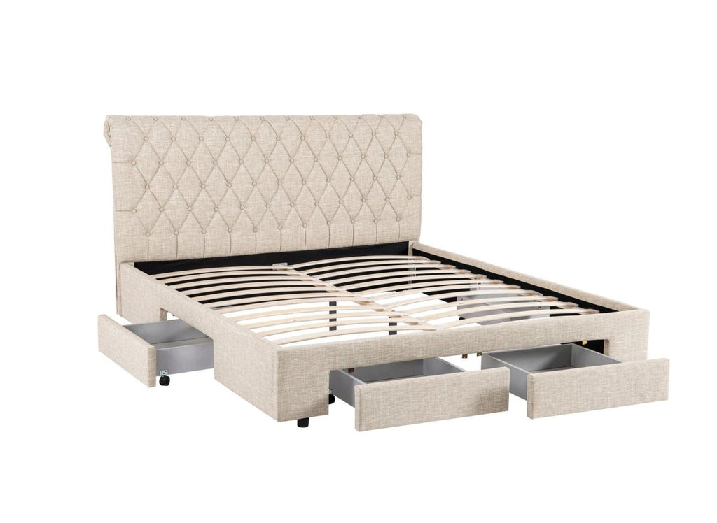Lit double avec 4 tiroirs en lin beige 160x200 cm LEANDRE