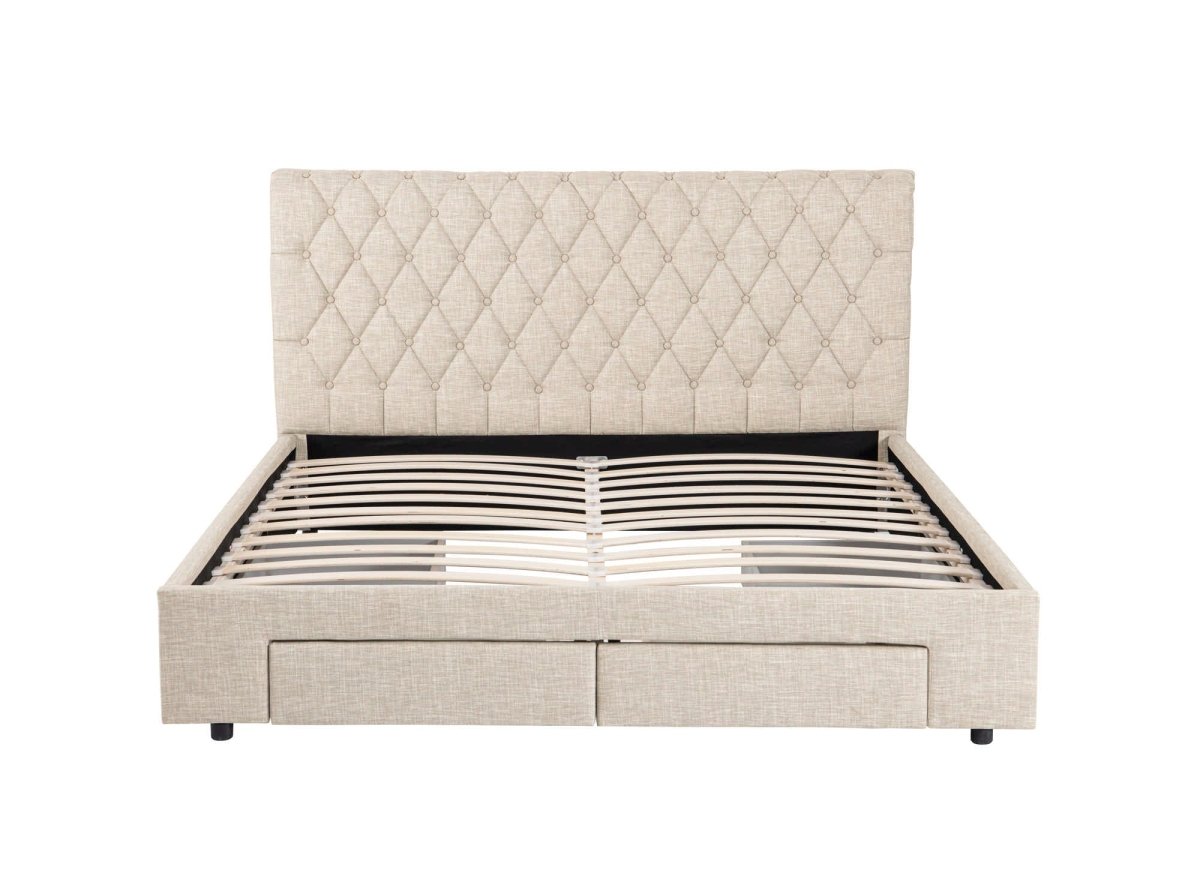 Lit double avec 4 tiroirs en lin beige 180x200 cm LEANDRE