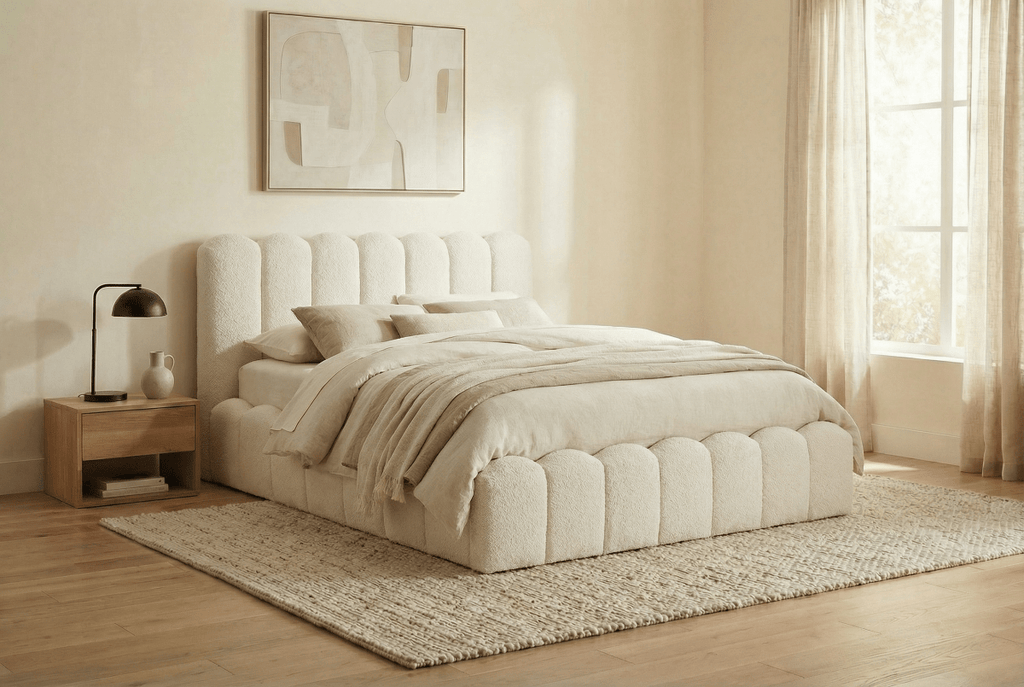 Lit double en tissu bouclette beige 180x200 cm RITA
