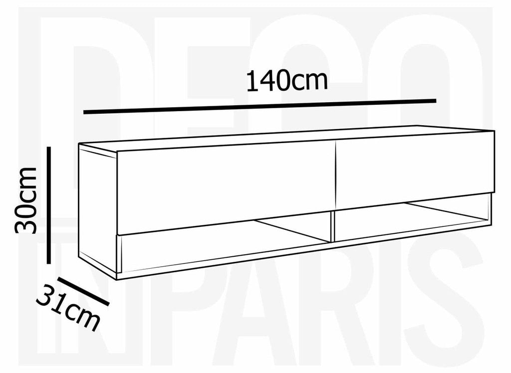 Meuble TV suspendu 2 portes 2 niches gris béton ROMANE XL - 140 cm