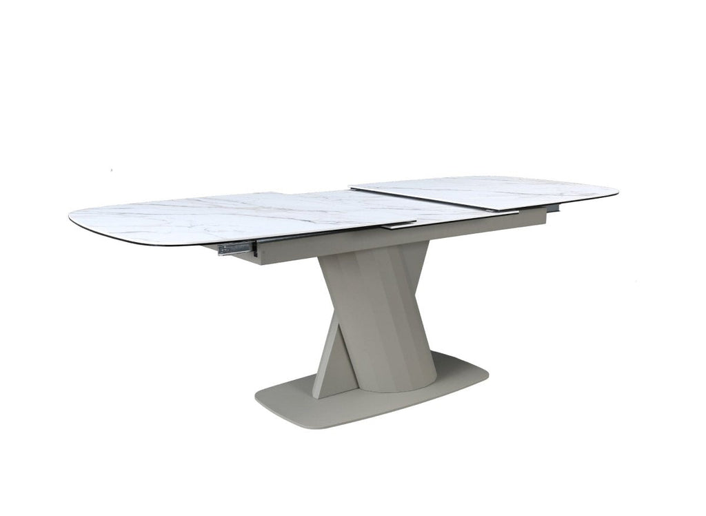 Table à manger extensible en métal beige plateau céramique blanc 180-240 cm DUBAI