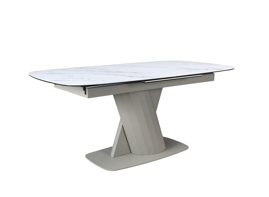 Table à manger extensible en métal beige plateau céramique blanc 180-240 cm DUBAI