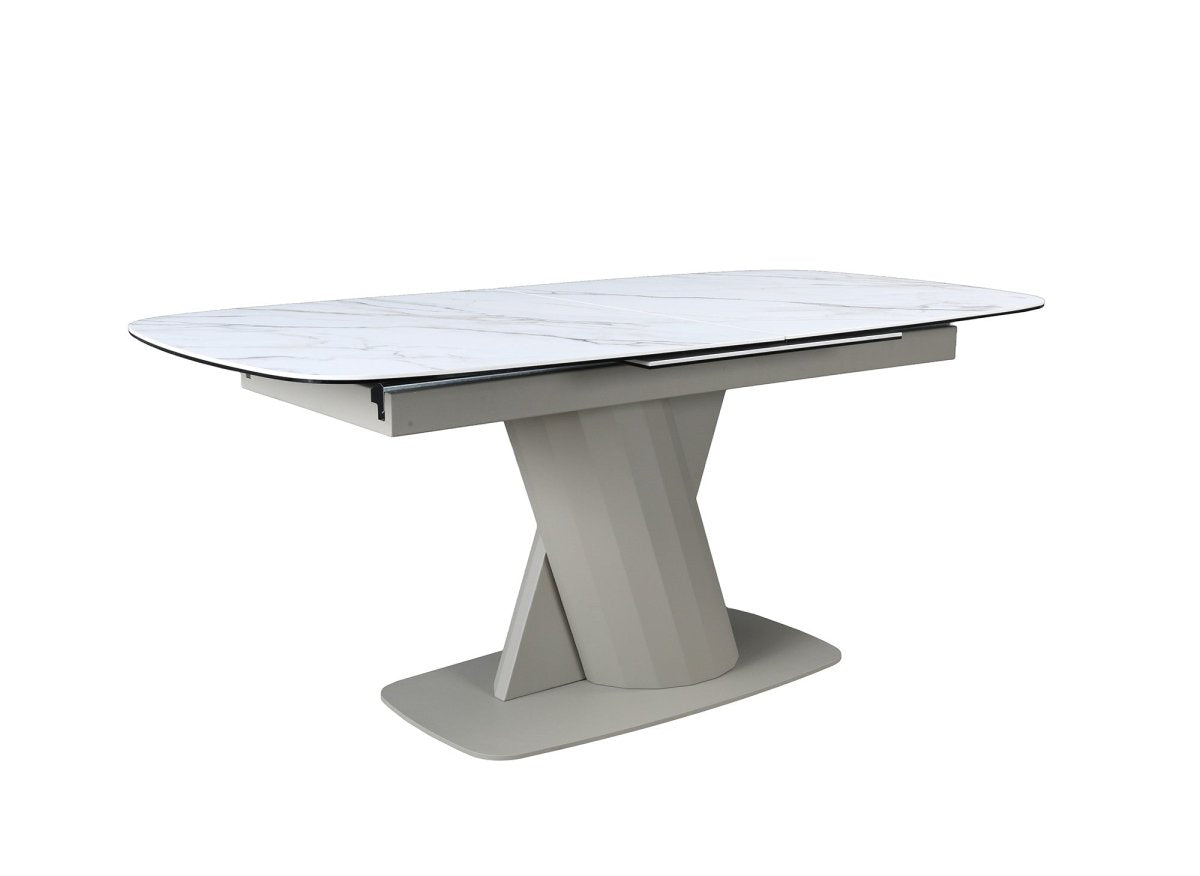 Table à manger extensible en métal beige plateau céramique blanc 180-240 cm DUBAI