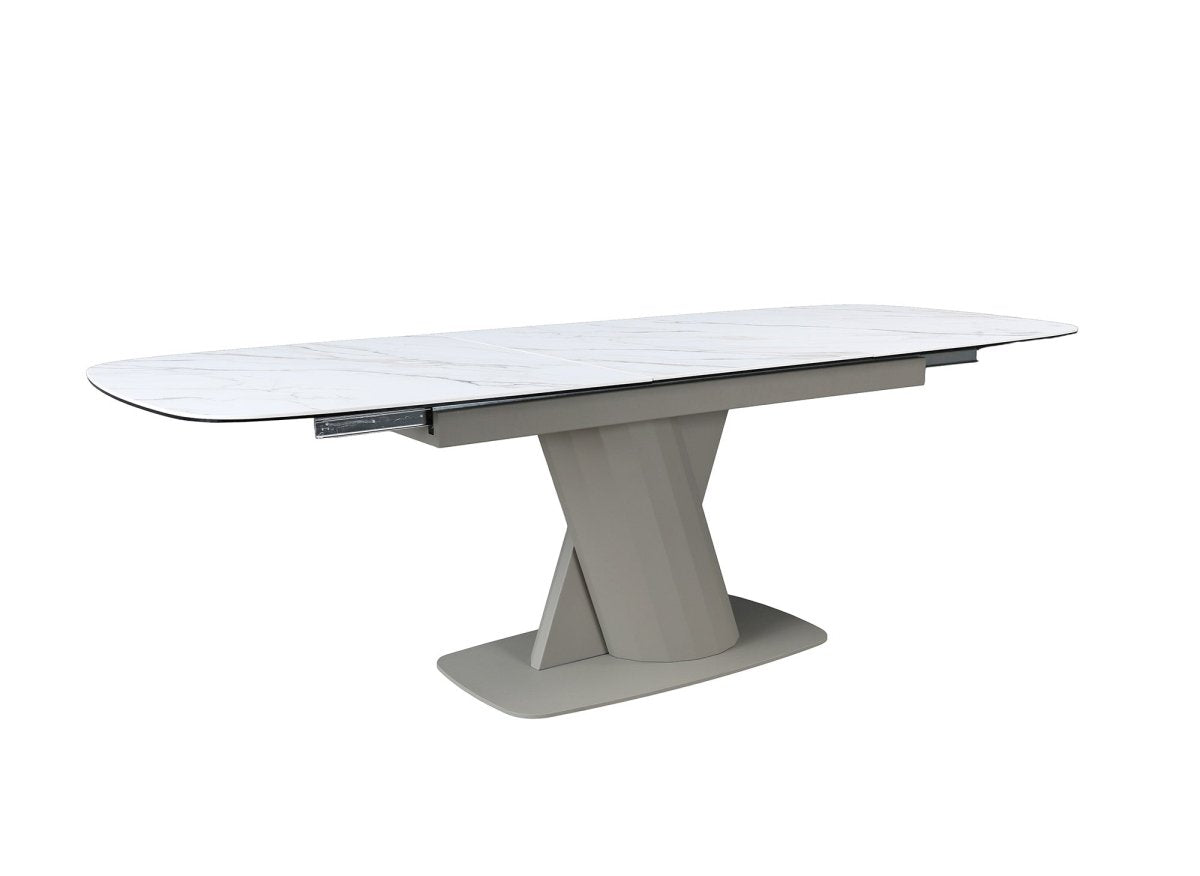 Table à manger extensible en métal beige plateau céramique blanc 180-240 cm DUBAI
