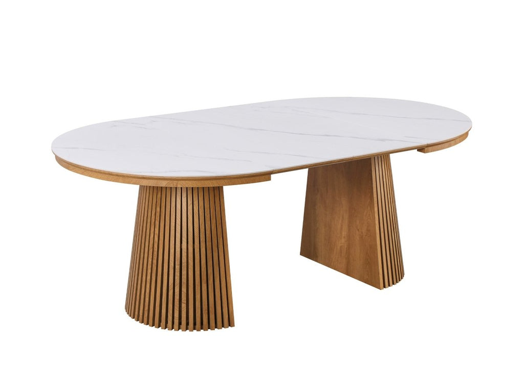 Table à manger ronde extensible en bois clair avec plateau en céramique blanc 120-200cm HEKA