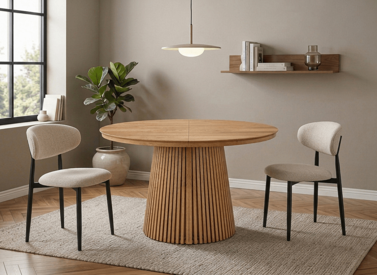 Table à manger ronde extensible en bois clair 120-200cm HEKA